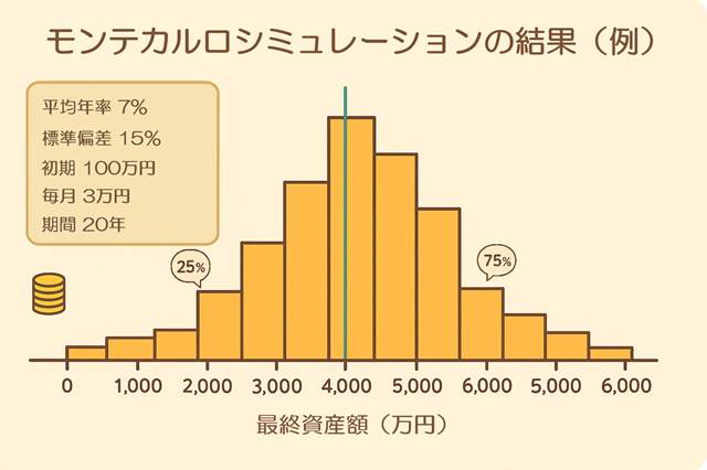モンテカルロシミュレーションの結果：最終資産額のヒストグラム。中央値の縦線と25％・75％の吹き出しを表示（平均7％・標準偏差15％・初期100万円・毎月3万円・20年）