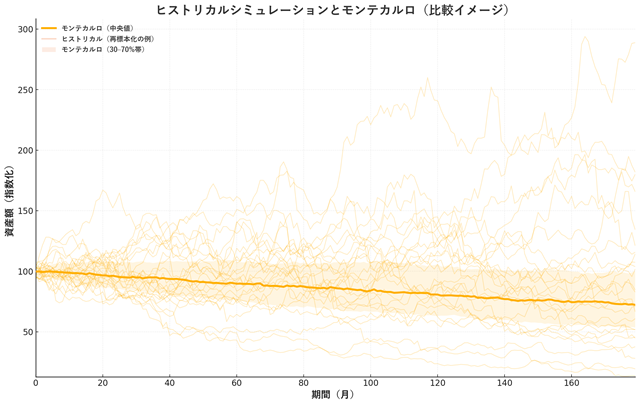 ヒストリカルシミュレーションとモンテカルロの比較(中央値と30–70%帯)