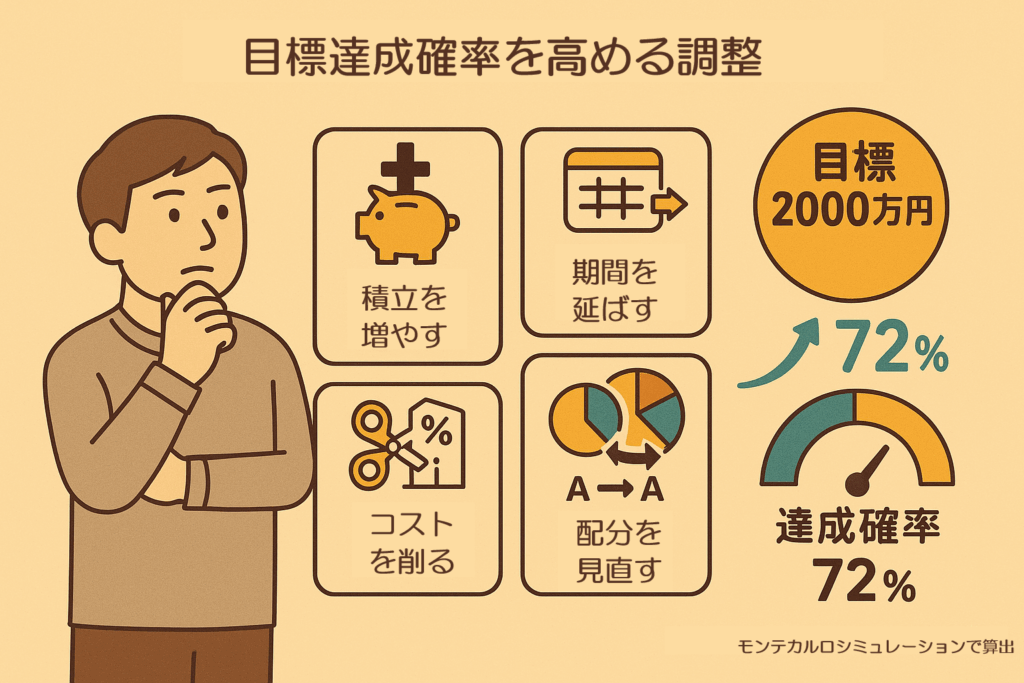 モンテカルロシミュレーションで投資の目標達成確率を改善：積立額を増やす・期間を延ばす・コストを削る・配分を見直す