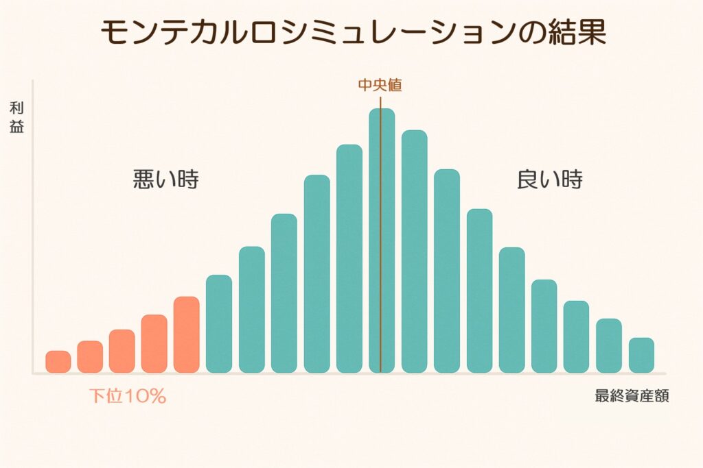 モンテカルロシミュレーションの最終資産額分布を示すイラスト。左端の下位10％のみ色分けし、リスクの目安を示す